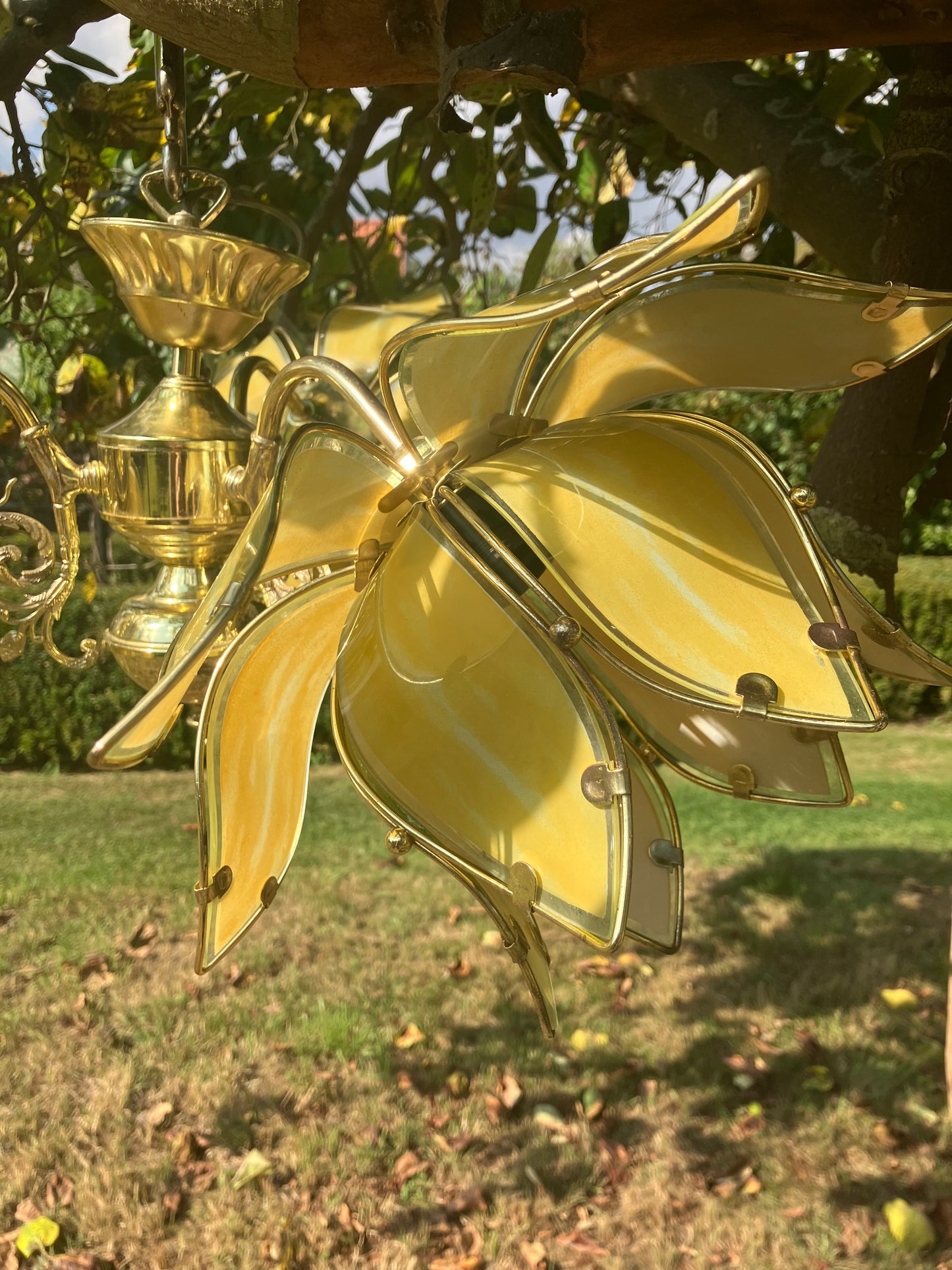 Mid Century Modern Vintage Hollywood Regency Lotus Lamp Large Yellow glass etched Chandelier