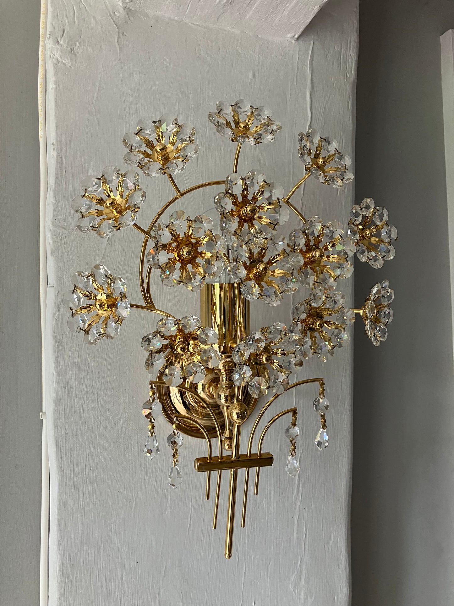 Pair of Gold-Plated Brass and Crystal Glass flower Wall Lamps Sconces by Palwa, 1960