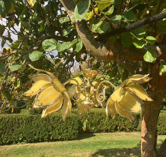 For Sophia ** Price includes shipping ***Mid Century Modern Vintage Hollywood Regency Lotus Lamp Large Yellow glass etched Chandelier