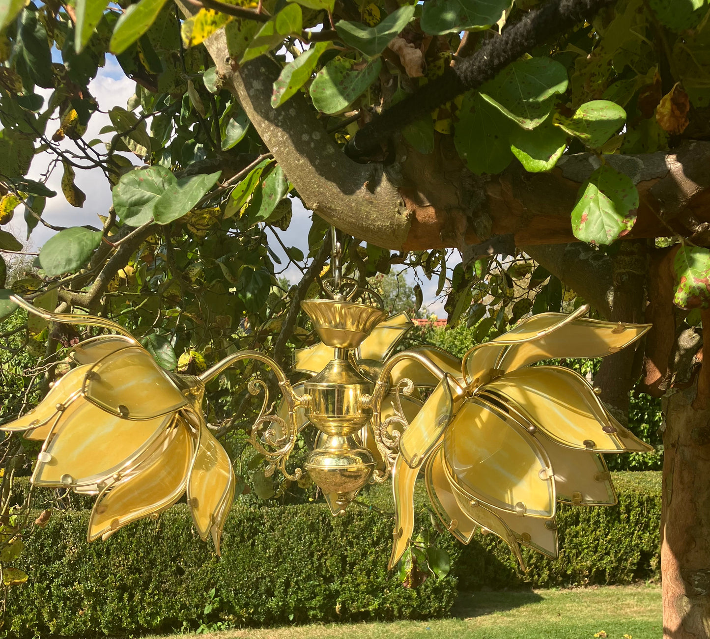 Mid Century Modern Vintage Hollywood Regency Lotus Lamp Large Yellow glass etched Chandelier