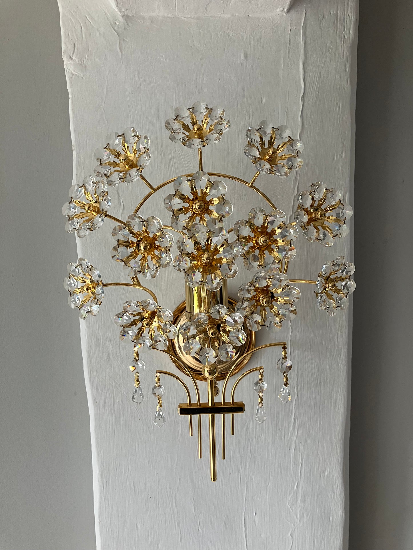 Pair of Gold-Plated Brass and Crystal Glass flower Wall Lamps Sconces by Palwa, 1960