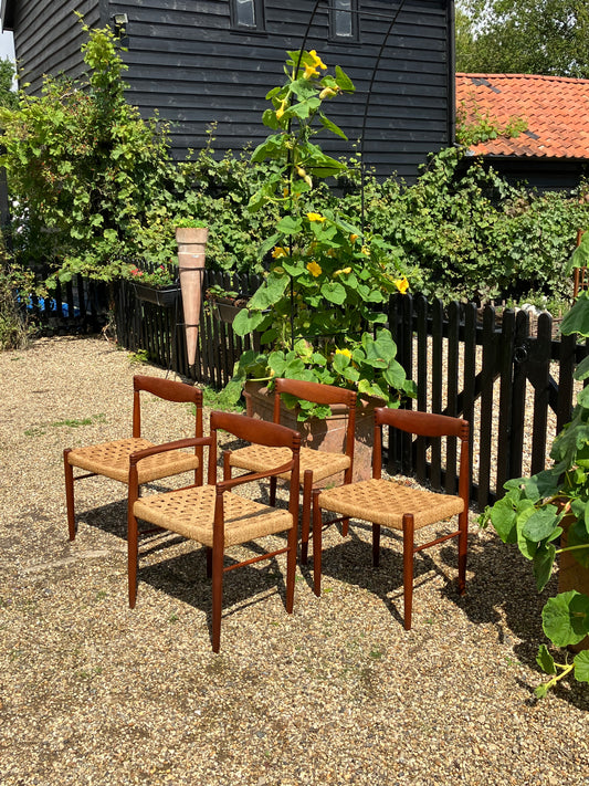 Set of 4 Mid century modern Danish rush dining chairs by H. W. Klein for Bramin, 1960s.