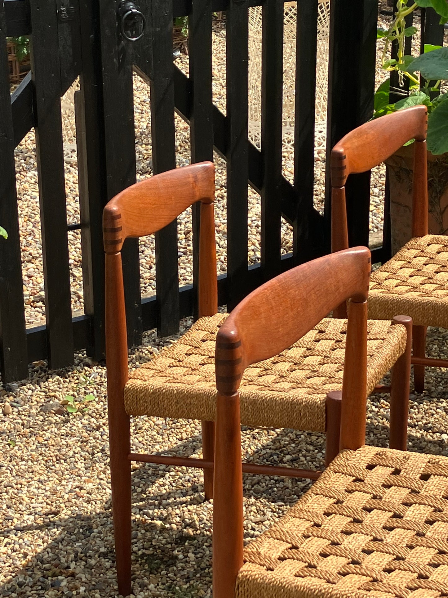 Set of 4 Mid century modern Danish rush dining chairs by H. W. Klein for Bramin, 1960s.
