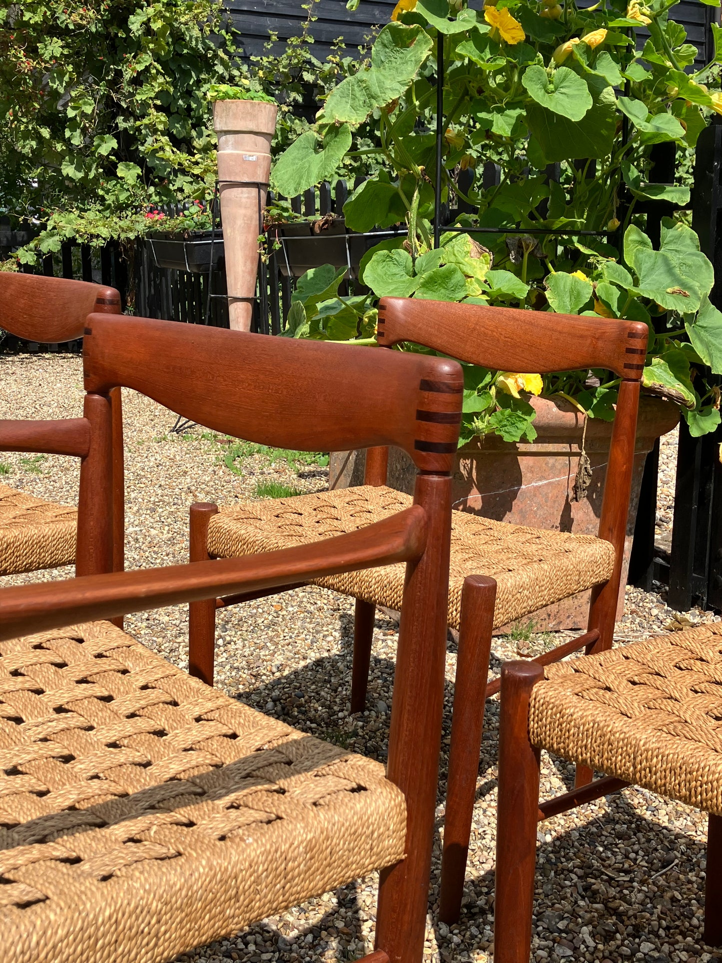 Set of 4 Mid century modern Danish rush dining chairs by H. W. Klein for Bramin, 1960s.