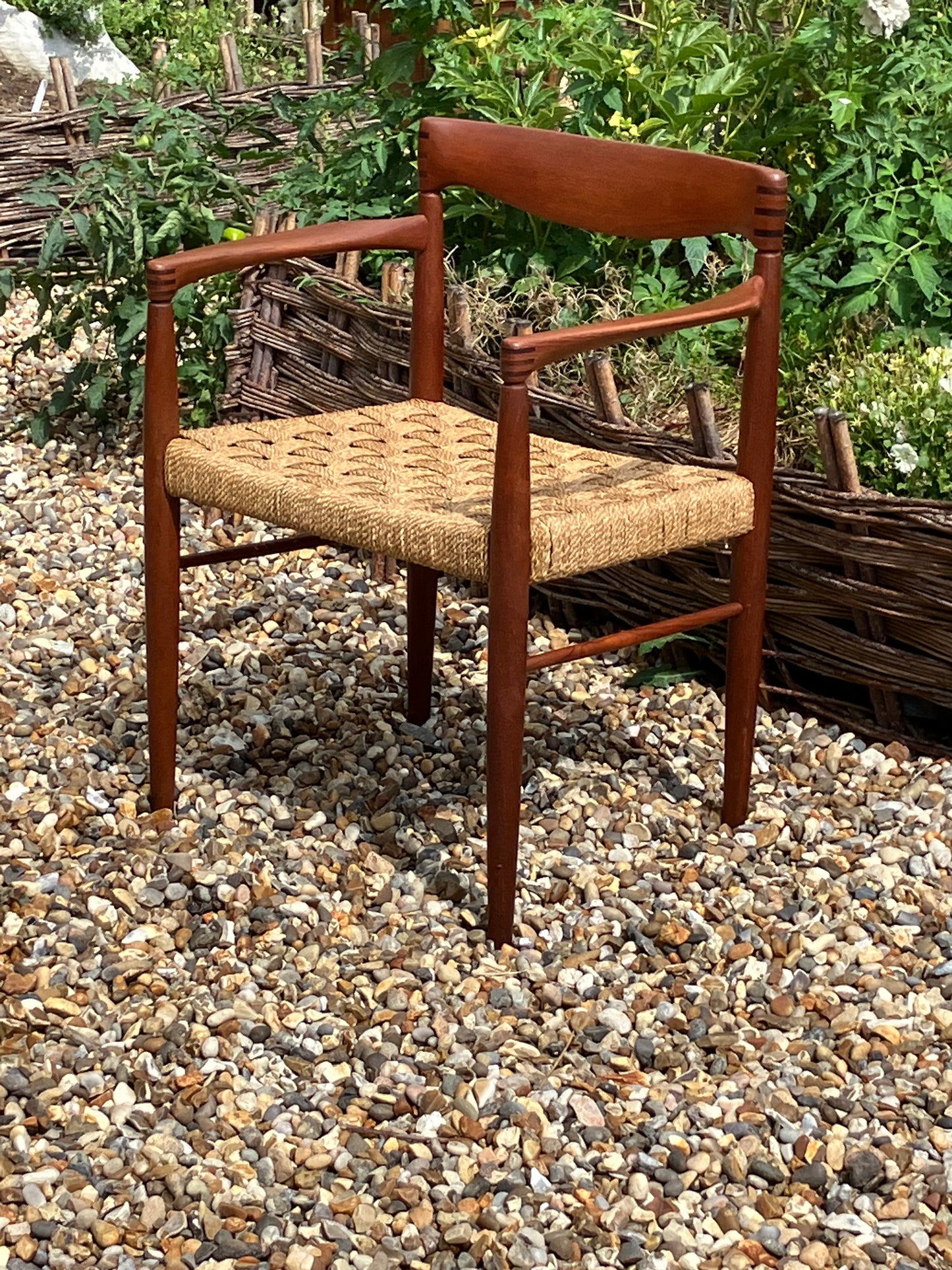 Set of 4 Mid century modern Danish rush dining chairs by H. W. Klein for Bramin, 1960s.