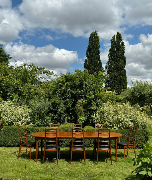 Mid Century Modern Extending Teak Table by Nils Jonsson for Hugo Troeds with 8 'Lis' Chairs by Niels Koeofoed for Mobelfabrik Dining Set