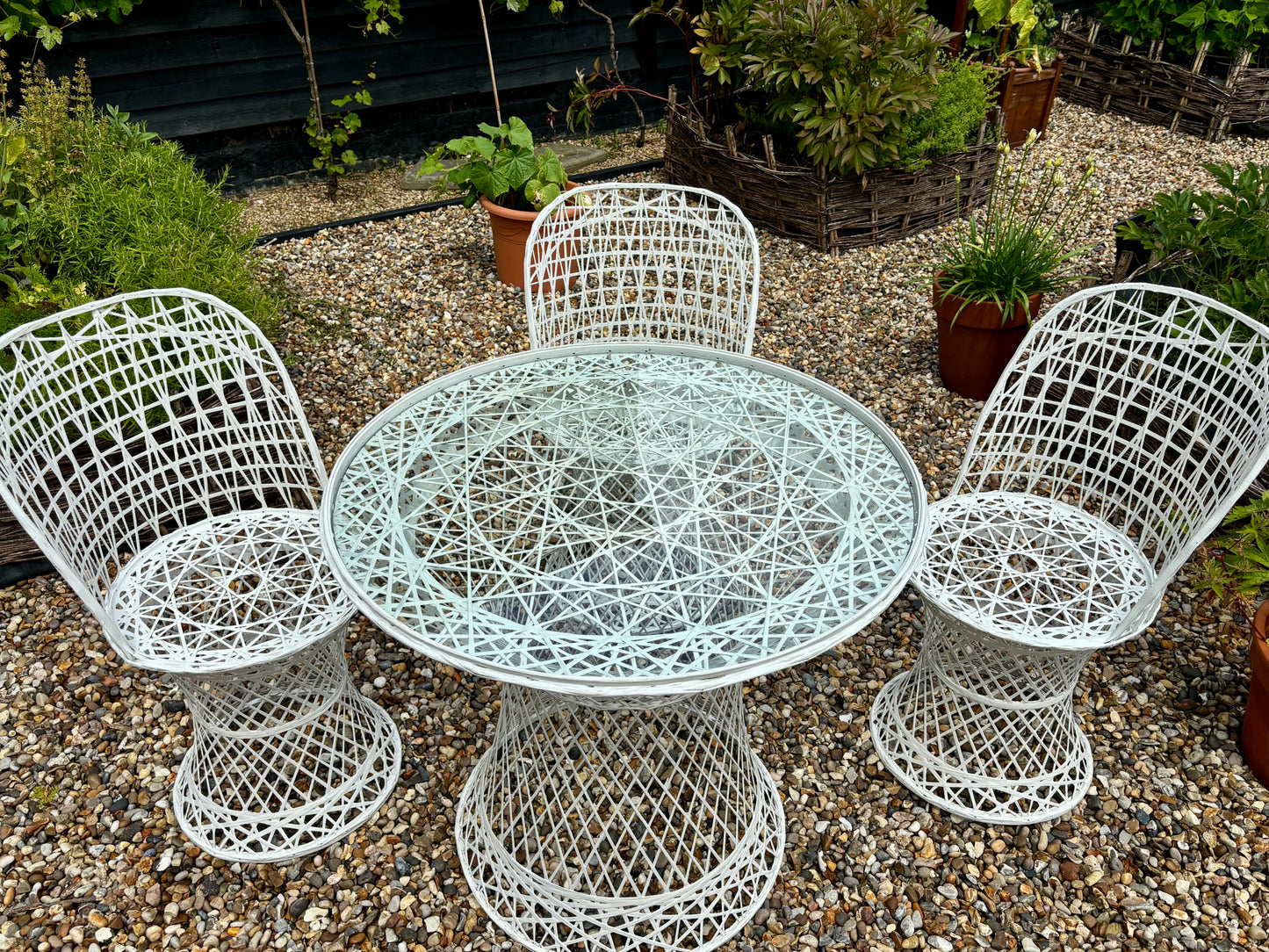 Mid Century Modern Hollywood Regency Rattan Garden Dining Set by Russell Woodard