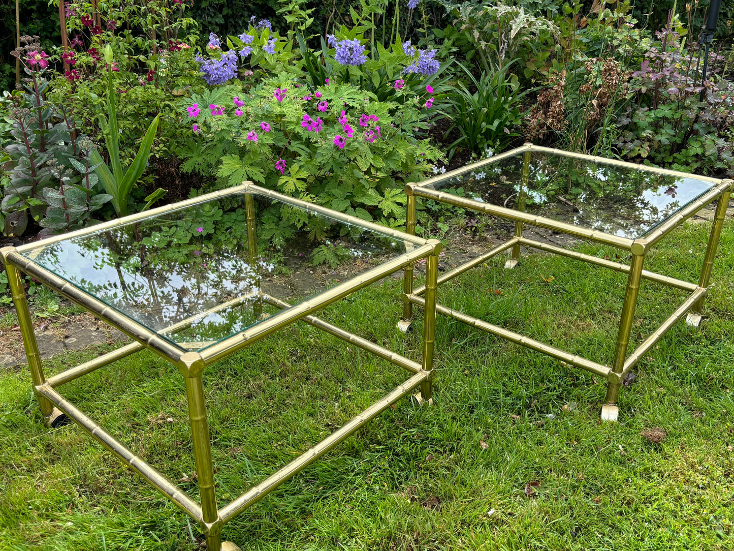 Pair of Gilt-Metal Hollywood Regency Faux Bamboo Side Tables in the Style of Maison Bagués