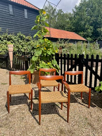 Set of 4 Mid century modern Danish rush dining chairs by H. W. Klein for Bramin, 1960s.