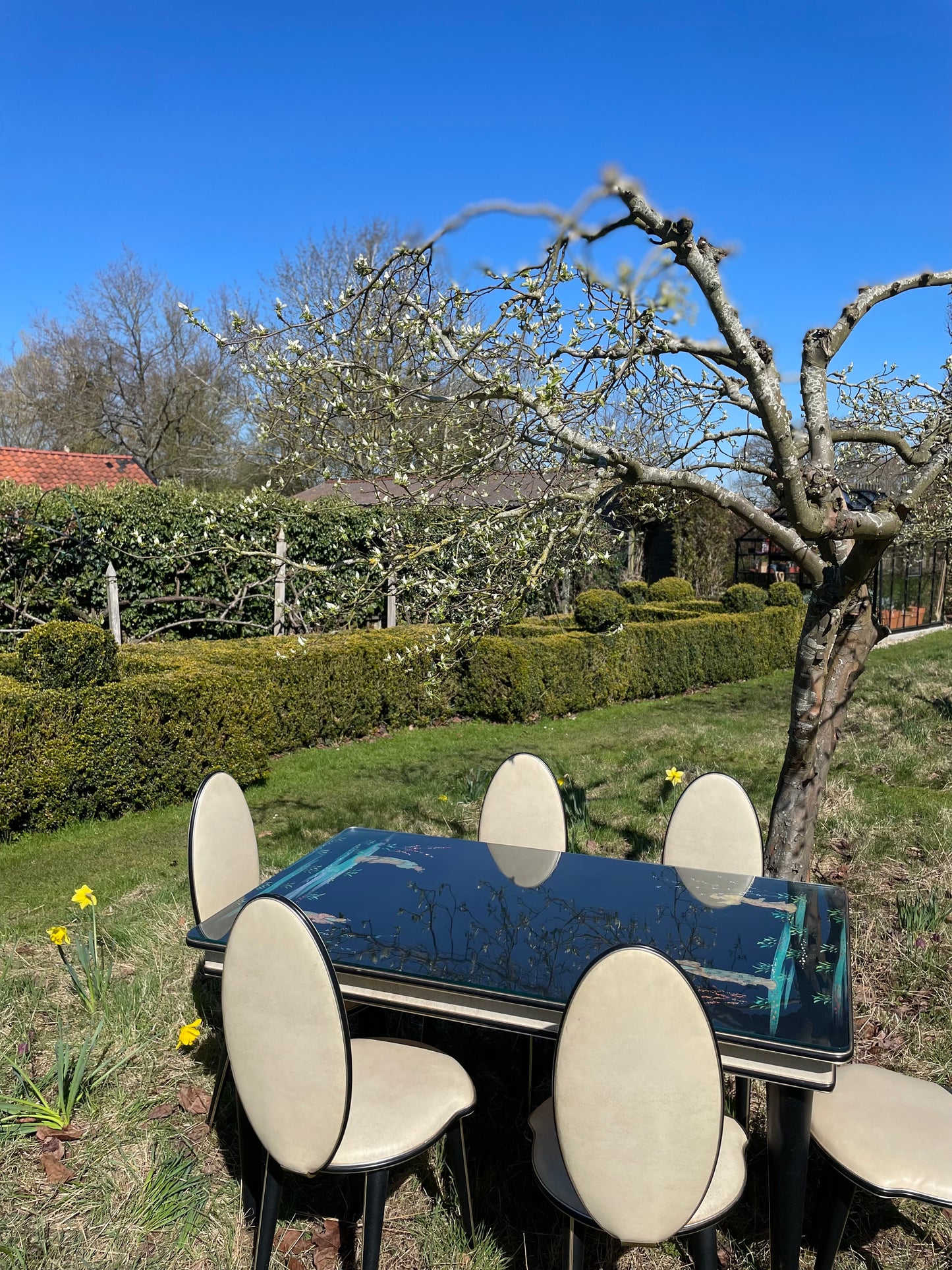 **FOR LINDA** Price includes Shipping *****Hollywood Regency Mid Century modern Chinoiserie dining set by Umberto Mascagni.