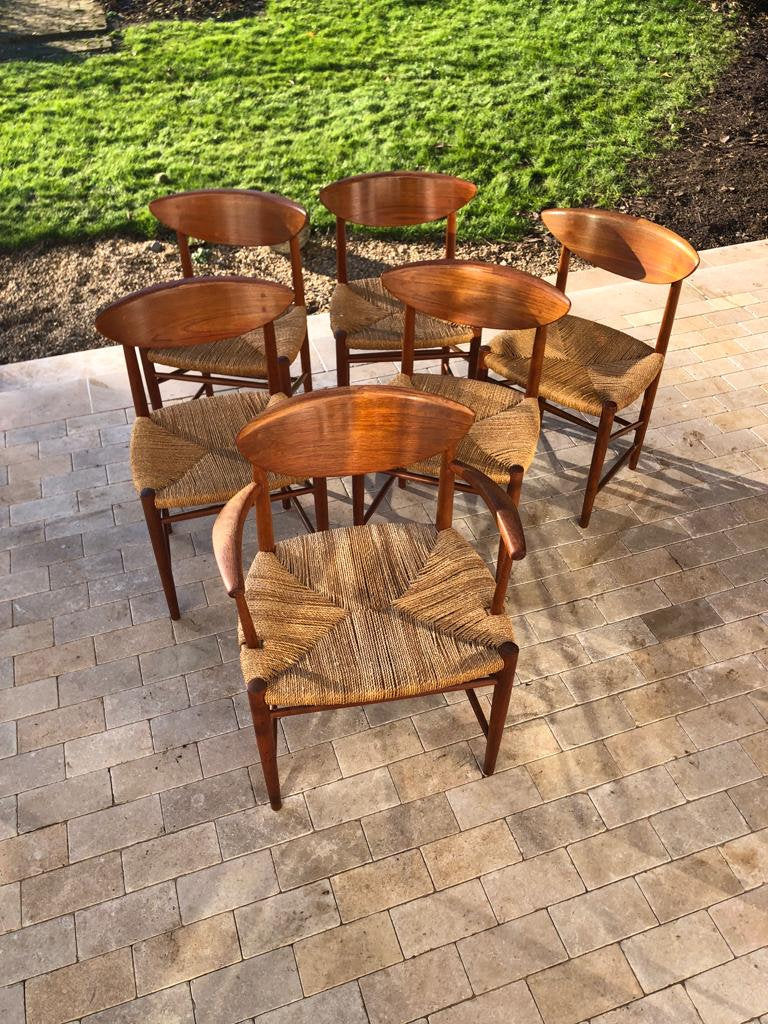 Mid Century Modern Teak Dining Set Comprising of a Chair Set by Perter Hvidt and Orla Mølgaard Nielsen and a Scandinavian Teak Table