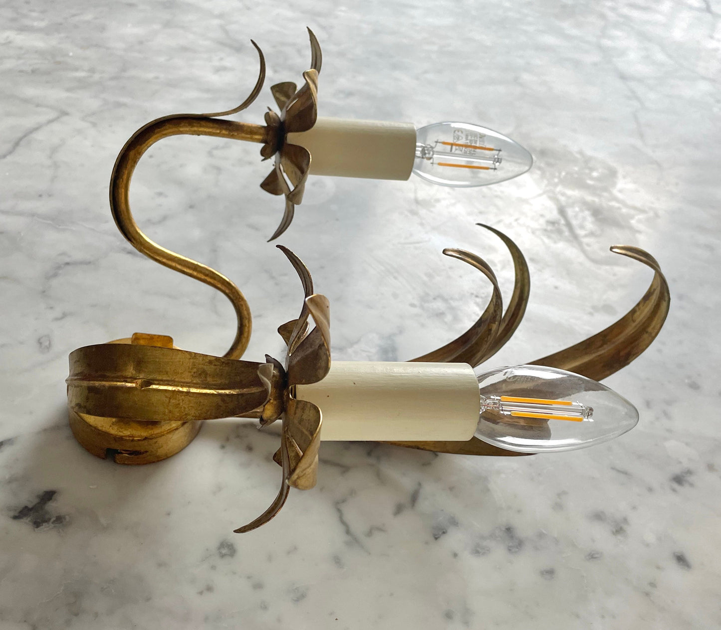 Mid Century Modern Hollywood Regency Fleur de Lis Style Gilt Wall Lights / Fixtures