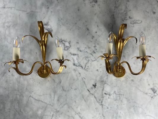 Mid Century Modern Hollywood Regency Fleur de Lis Style Gilt Wall Lights / Fixtures
