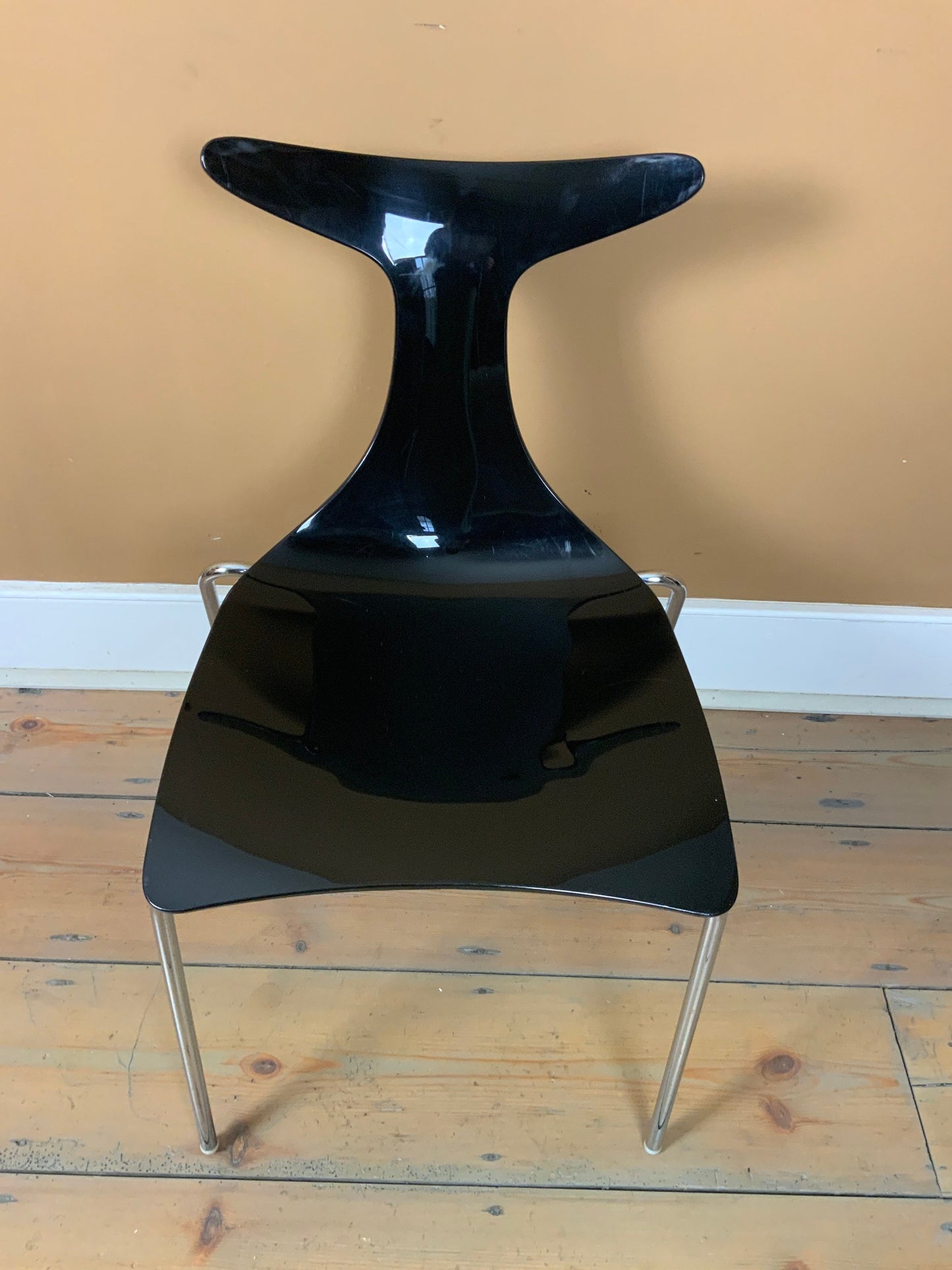 Contemporary 1980s Black Plastic and Chrome Dolphin Tail Indoor/Outdoor Dining Chairs