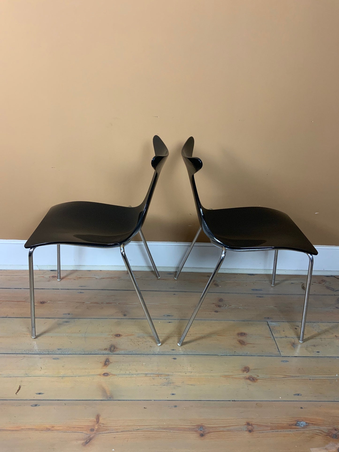 Contemporary 1980s Black Plastic and Chrome Dolphin Tail Indoor/Outdoor Dining Chairs