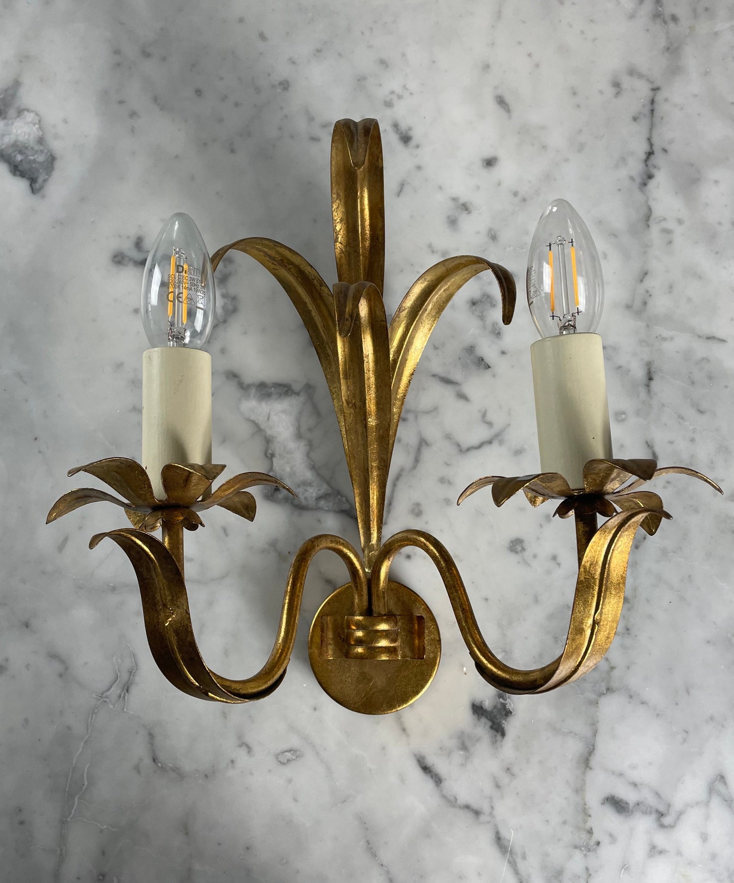 Mid Century Modern Hollywood Regency Fleur de Lis Style Gilt Wall Lights / Fixtures