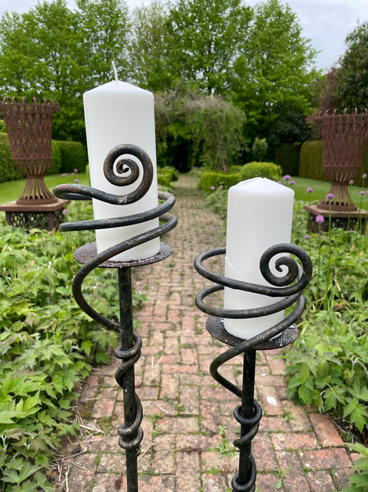 Two Vintage Large Outdoor Iron Candlesticks
