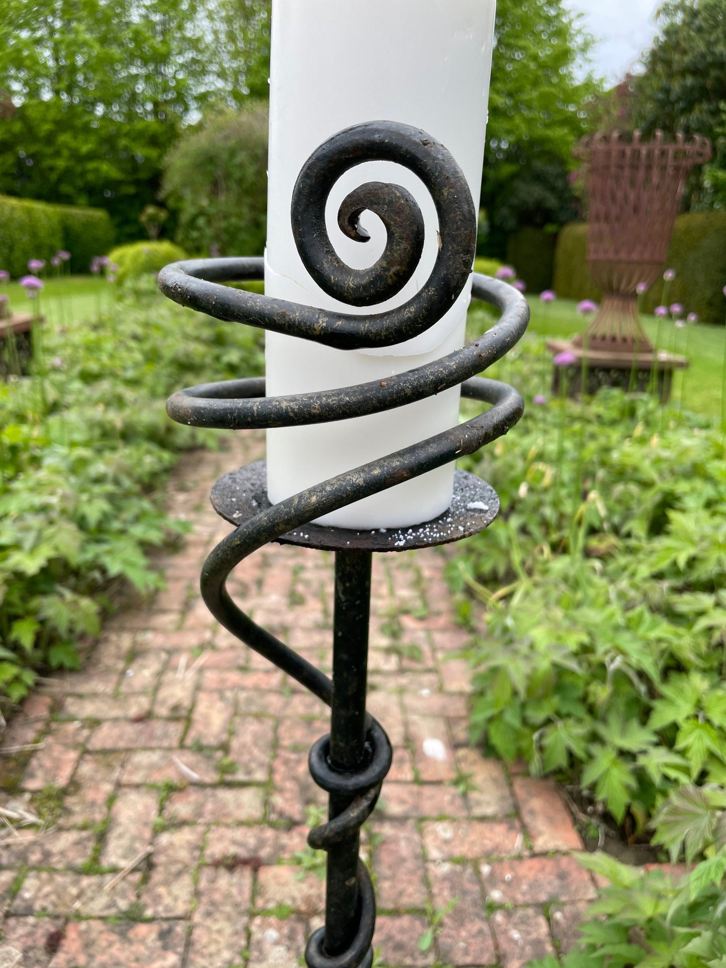 Two Vintage Large Outdoor Iron Candlesticks