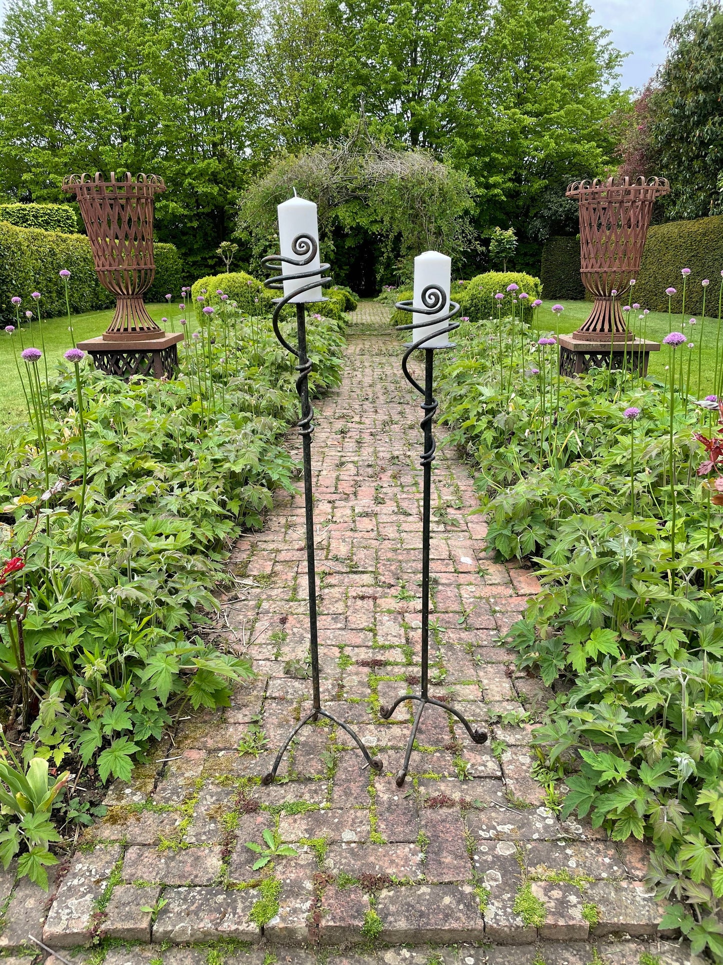 Two Vintage Large Outdoor Iron Candlesticks