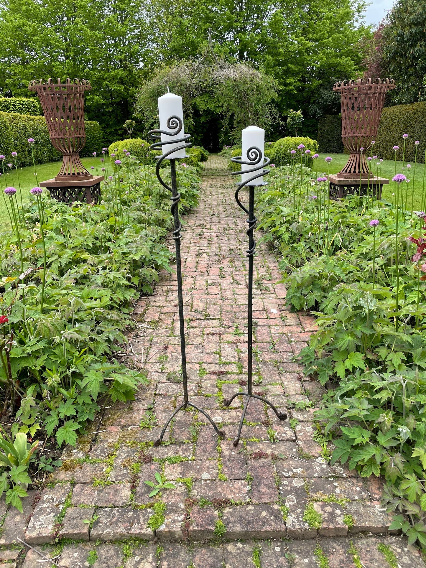 Two Vintage Large Outdoor Iron Candlesticks