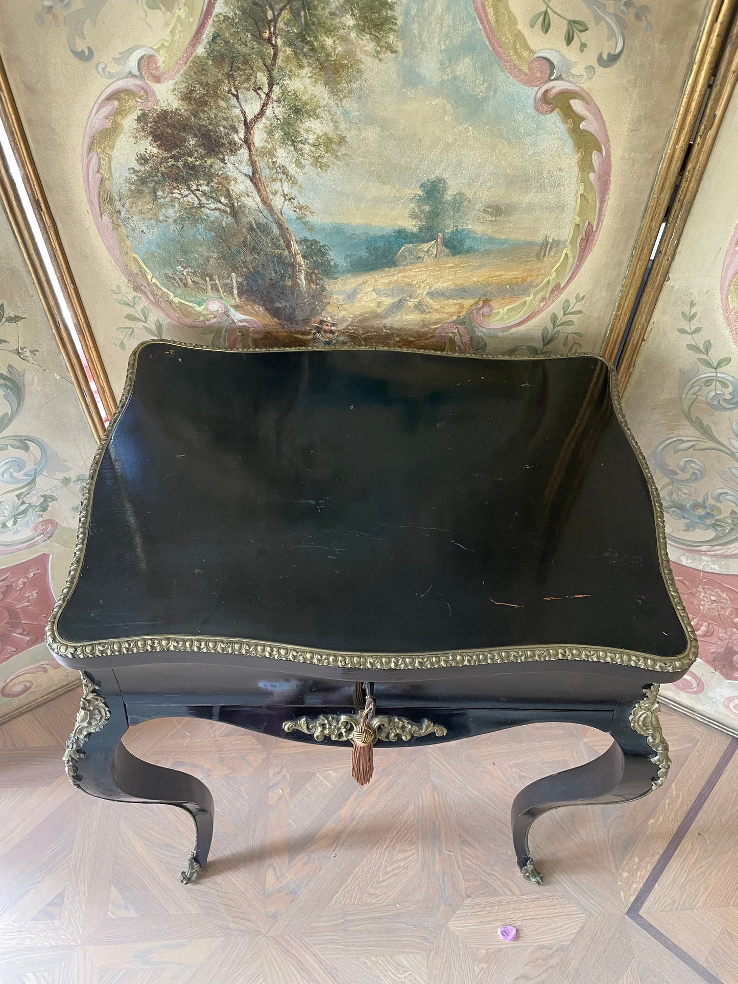 Sold.    Vintage 19th Century Ebony French Napoleon III Coiffeuse Bombe / Sidetable / Table / Vanity Table