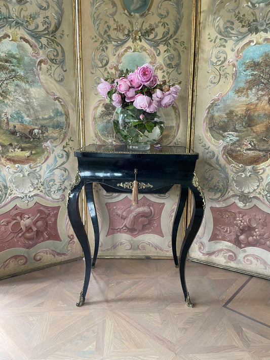 Sold.    Vintage 19th Century Ebony French Napoleon III Coiffeuse Bombe / Sidetable / Table / Vanity Table