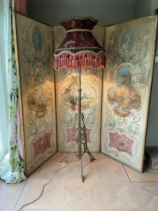 For Christina ***Price includes lampshade and shipping***Vintage Early 20th Century Secessionist Adjustable Brass Floor Lamp