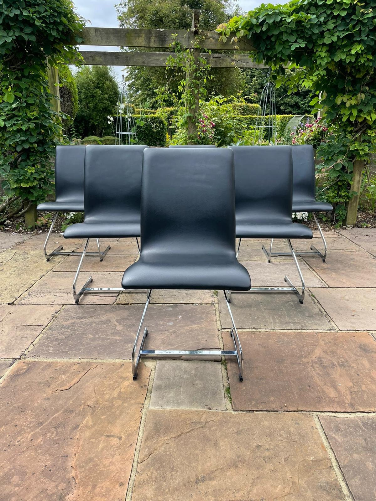 Vintage 1970s Mid Century Modern Merrow Associates Black Leather Dining Chairs