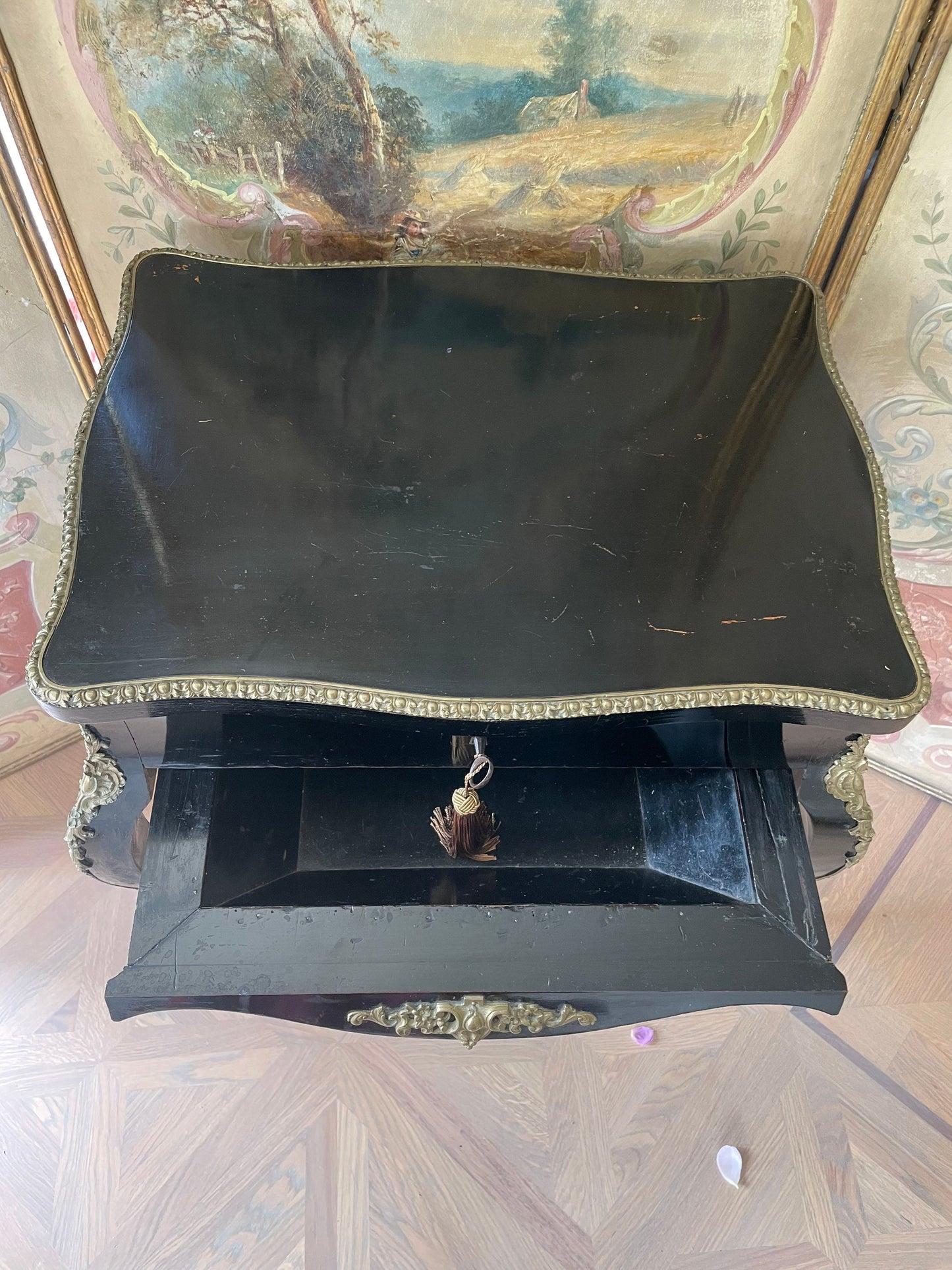 Sold.    Vintage 19th Century Ebony French Napoleon III Coiffeuse Bombe / Sidetable / Table / Vanity Table