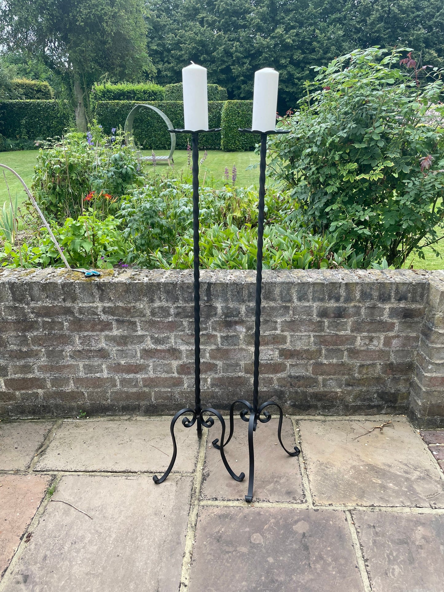 Vintage French Black Iron Flower Petal Candlesticks