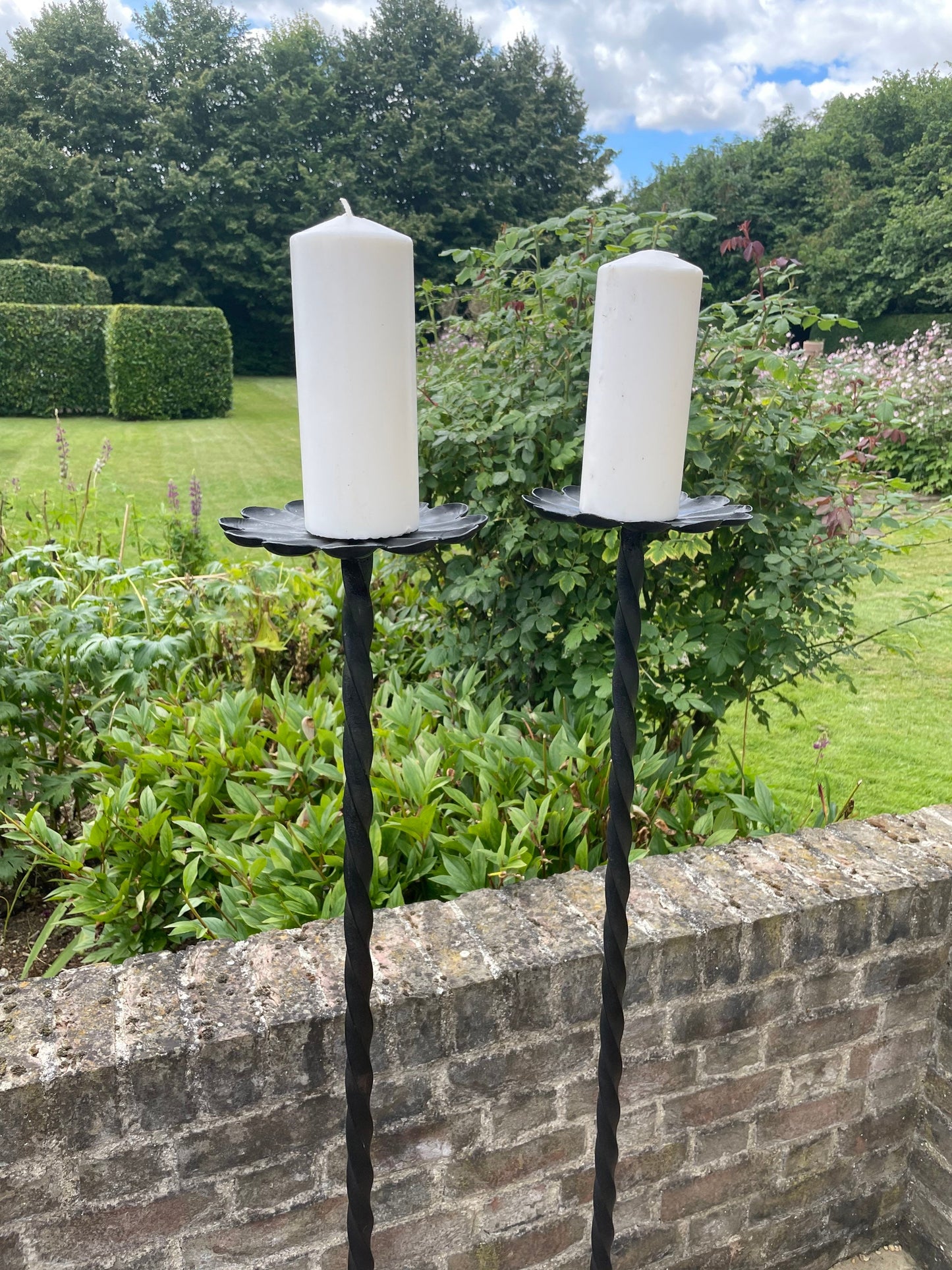 Vintage French Black Iron Flower Petal Candlesticks
