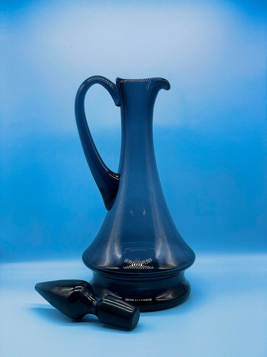 Vintage Mid Century Modern Handmade Blue Glass Decanter / Carafe