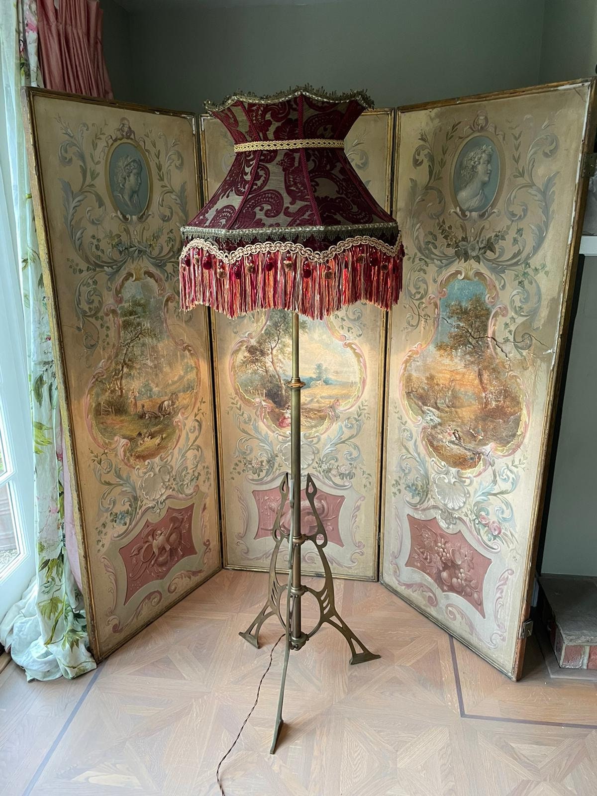 For Christina ***Price includes lampshade and shipping***Vintage Early 20th Century Secessionist Adjustable Brass Floor Lamp