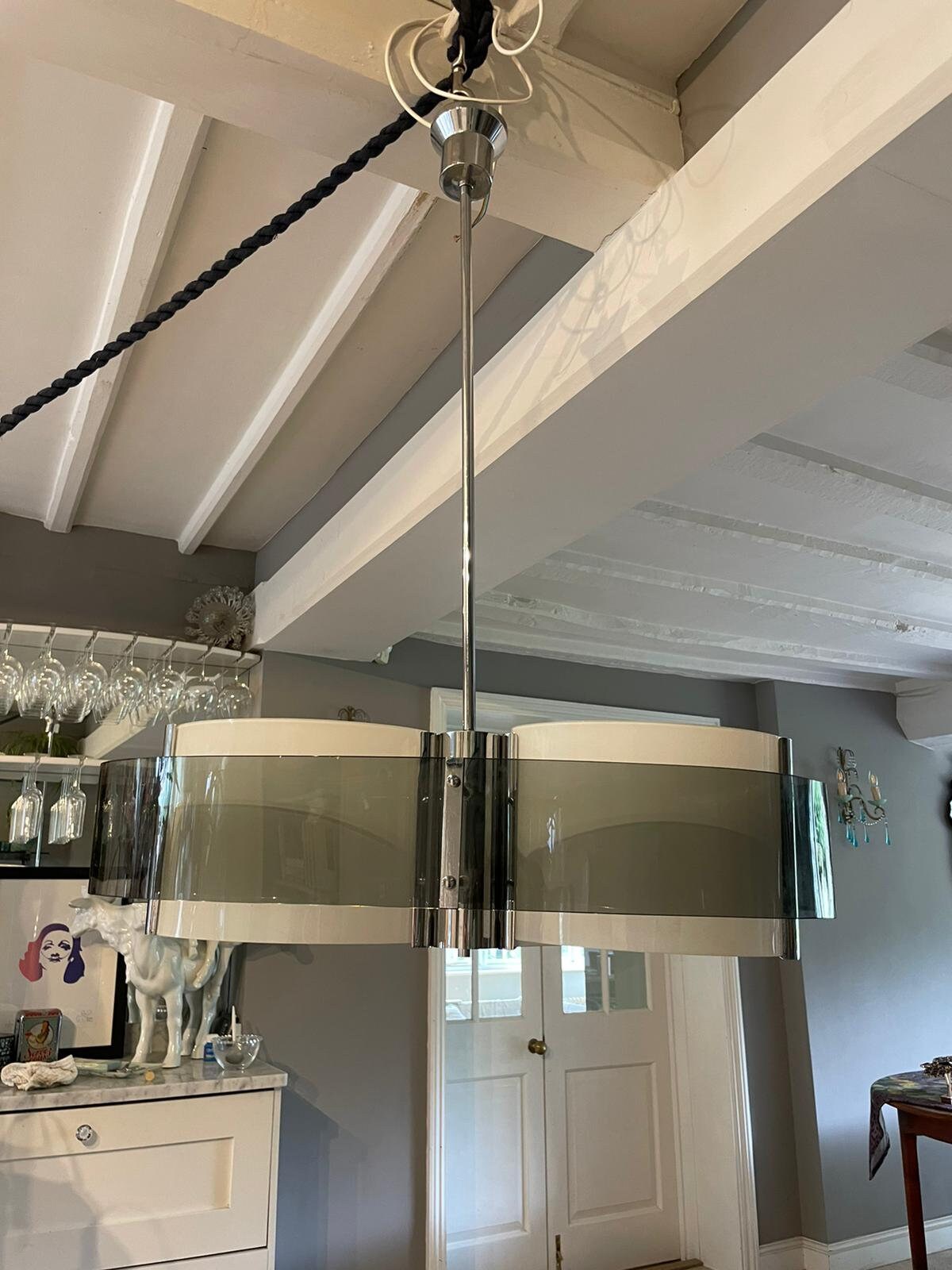 Vintage Mid Century Modern 1970s Glass and Chrome Italian Hanging Light