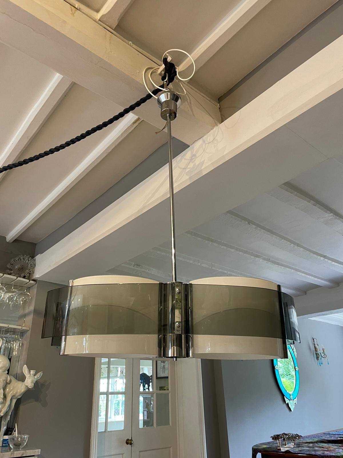 Vintage Mid Century Modern 1970s Glass and Chrome Italian Hanging Light