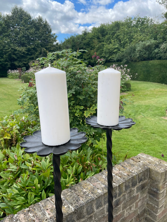 Vintage French Black Iron Flower Petal Candlesticks