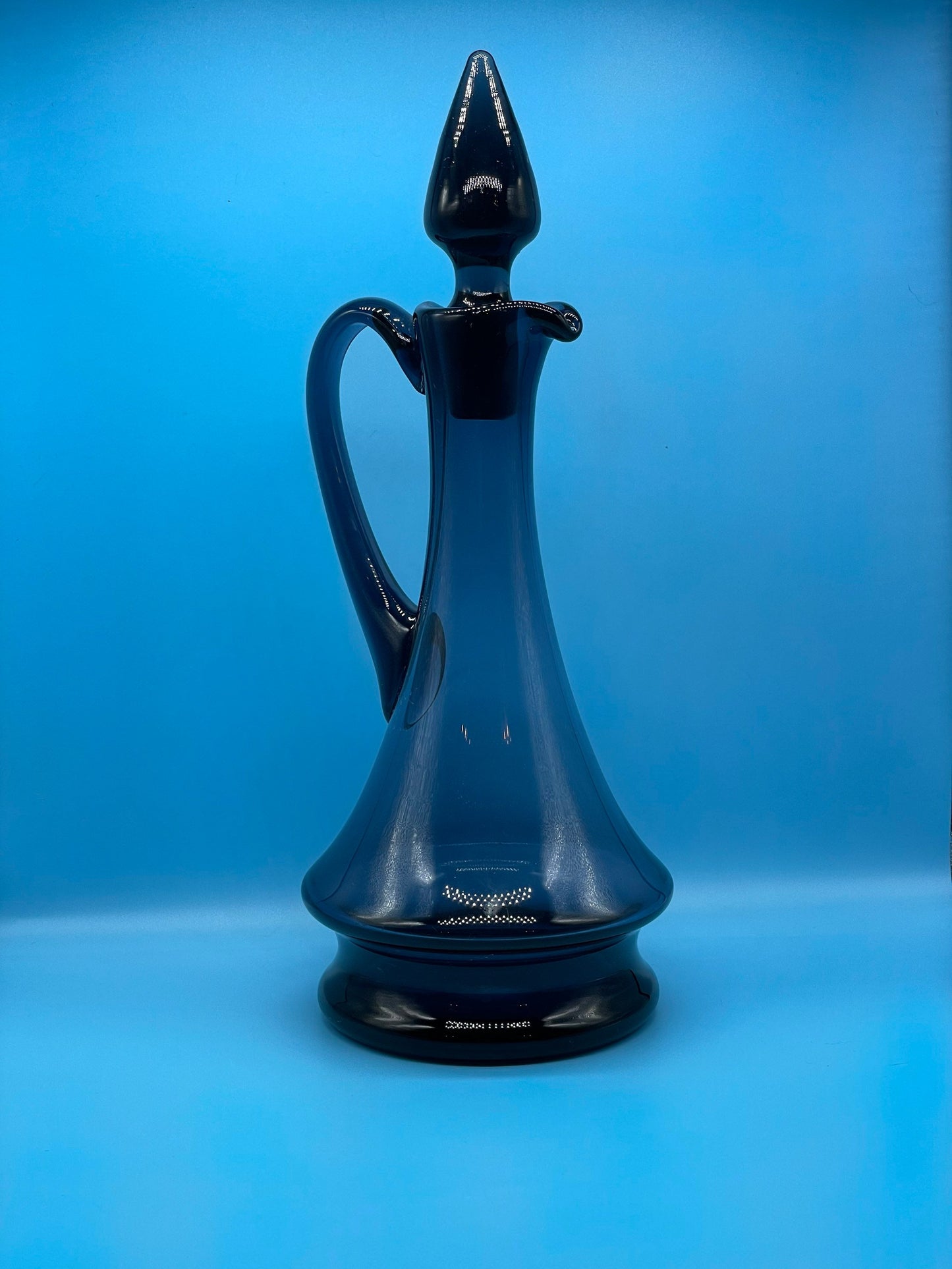 Vintage Mid Century Modern Handmade Blue Glass Decanter / Carafe