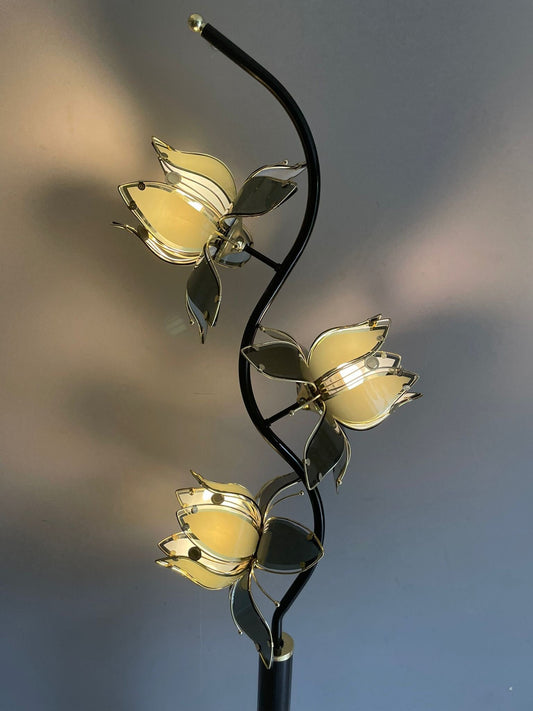 Reserved for Doris Ganserer Mid Century Modern Vintage Hollywood Regency Black Glass Lotus Flower Floor Lamp
