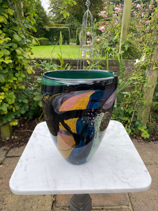 Beautiful  Large Vintage Blue, Grey and Black with gold leaf Decorative Vase Signed By Ioan Nemtoi