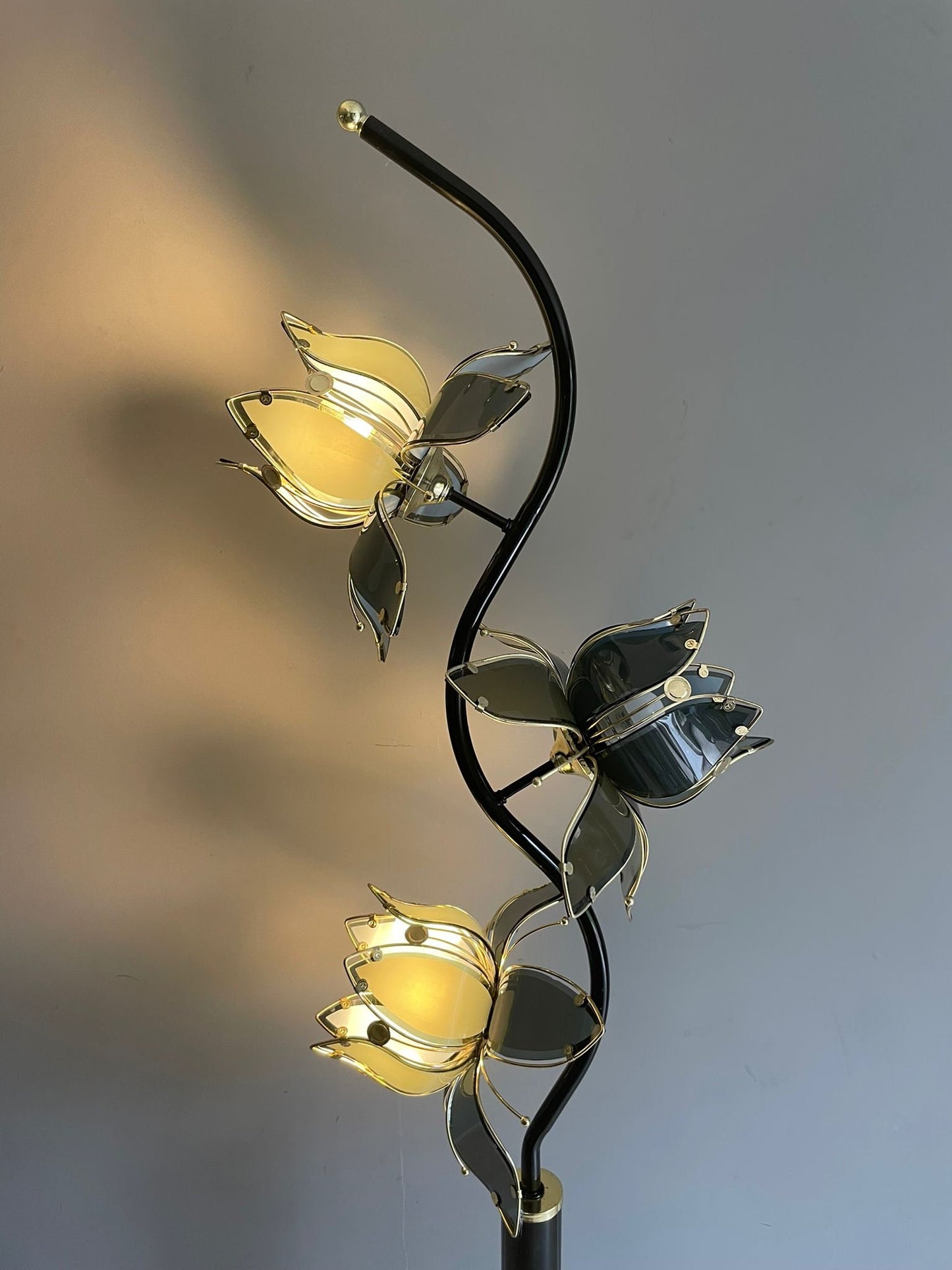 Reserved for Doris Ganserer Mid Century Modern Vintage Hollywood Regency Black Glass Lotus Flower Floor Lamp