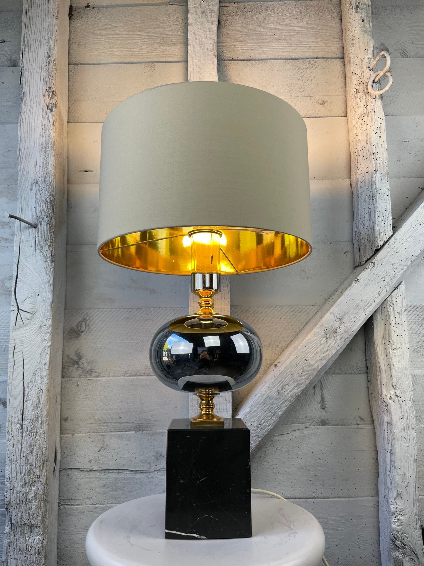 ** Reserved for Candace including Shipping **Vintage Mid century Modern Hollywood Regency Chrome, Gold And Marble Table Lamp by Maison Barbier 1960 Large