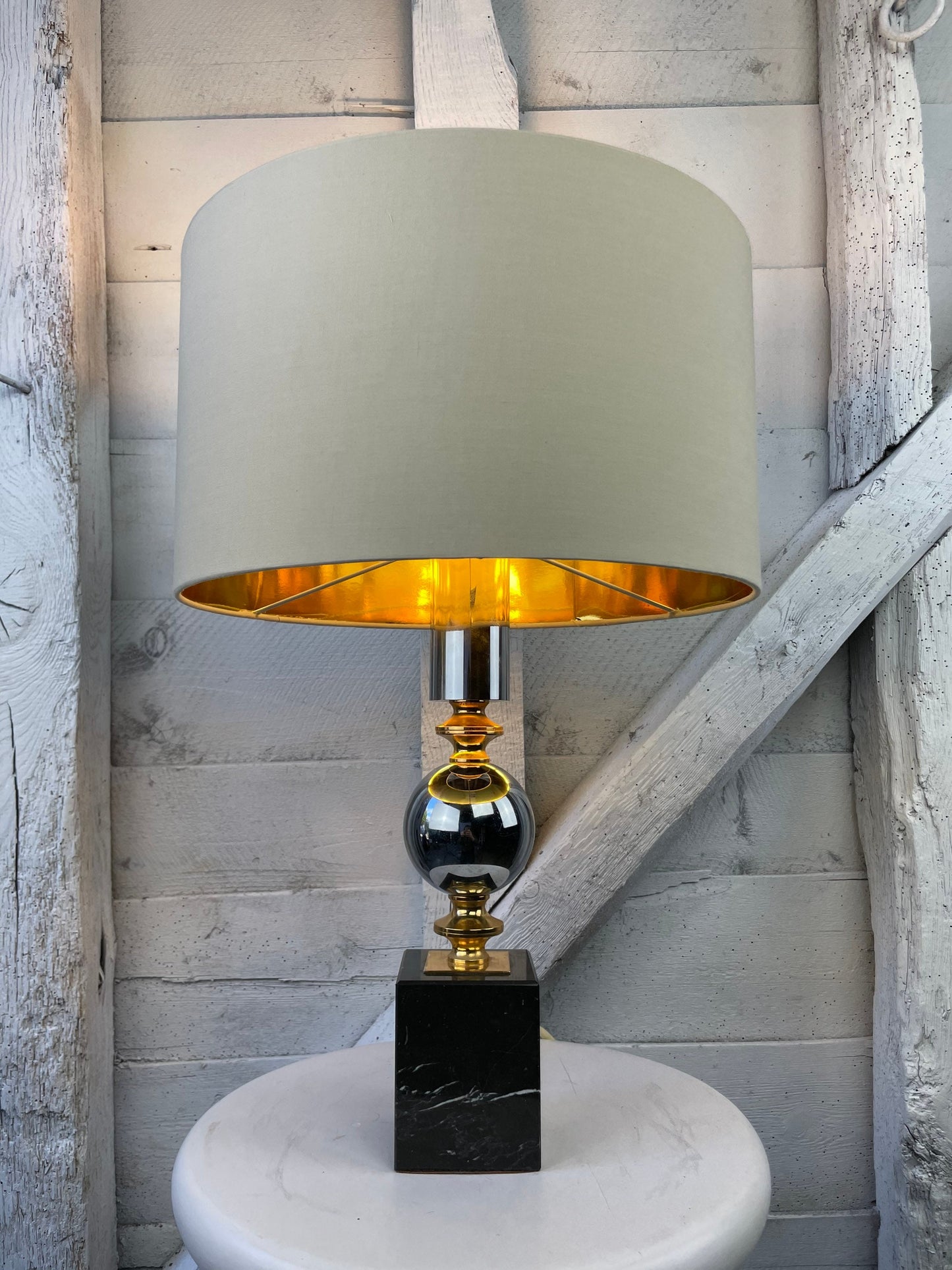 Vintage Mid Century Modern Hollywood Regency Chrome, Gold And Marble Table Lamp by Maison Barbier 1960 Small