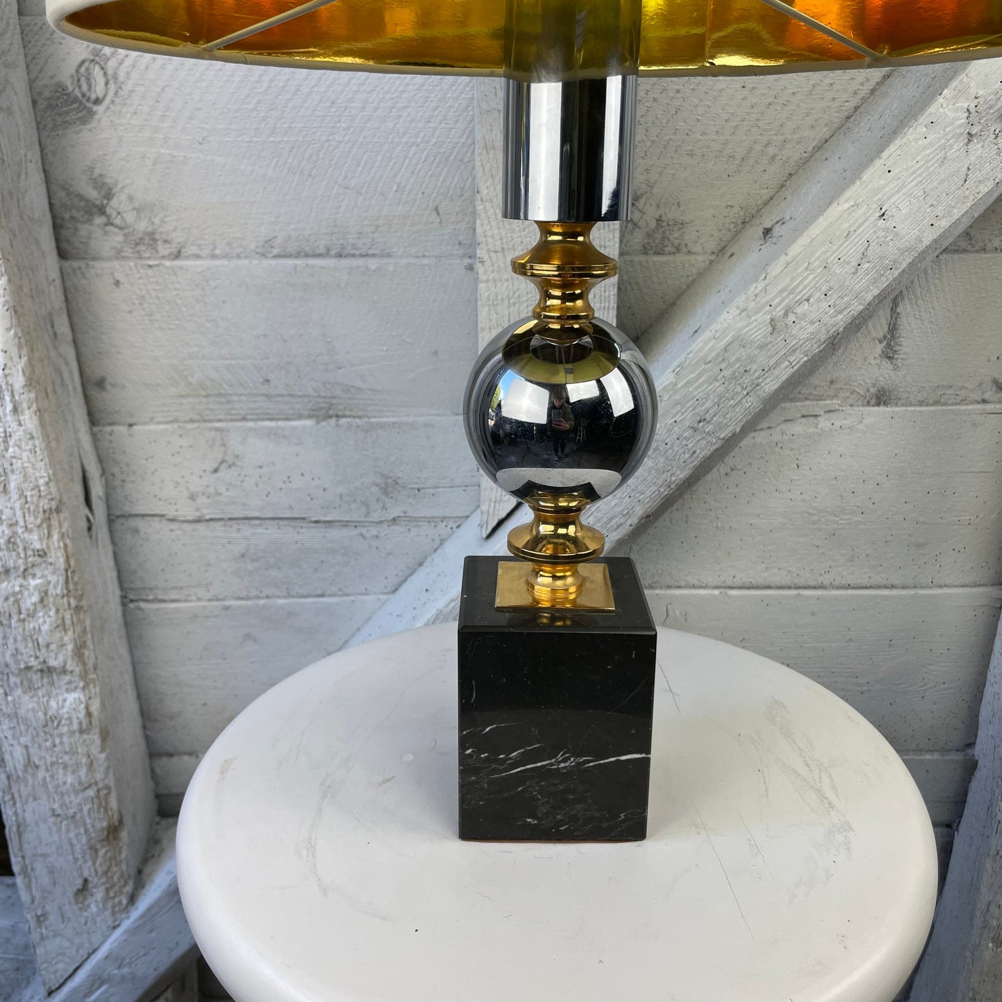 Vintage Mid Century Modern Hollywood Regency Chrome, Gold And Marble Table Lamp by Maison Barbier 1960 Small