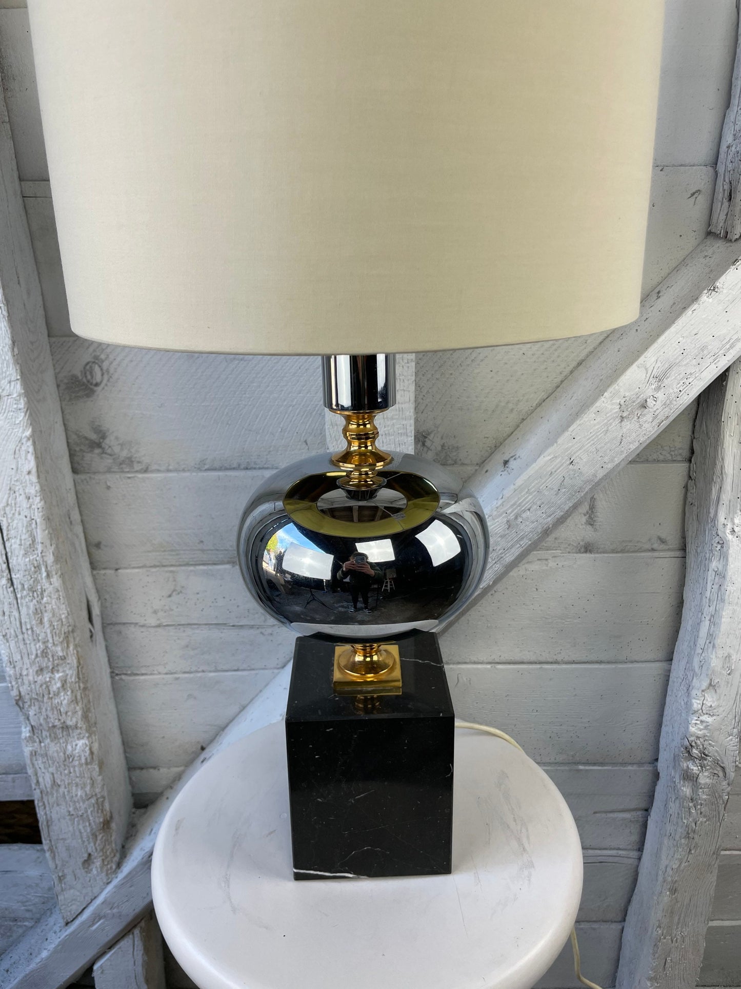 ** Reserved for Candace including Shipping **Vintage Mid century Modern Hollywood Regency Chrome, Gold And Marble Table Lamp by Maison Barbier 1960 Large