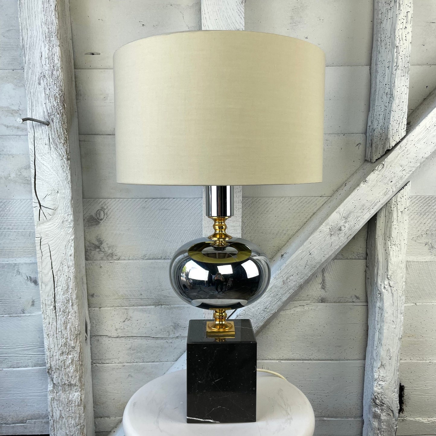 ** Reserved for Candace including Shipping **Vintage Mid century Modern Hollywood Regency Chrome, Gold And Marble Table Lamp by Maison Barbier 1960 Large