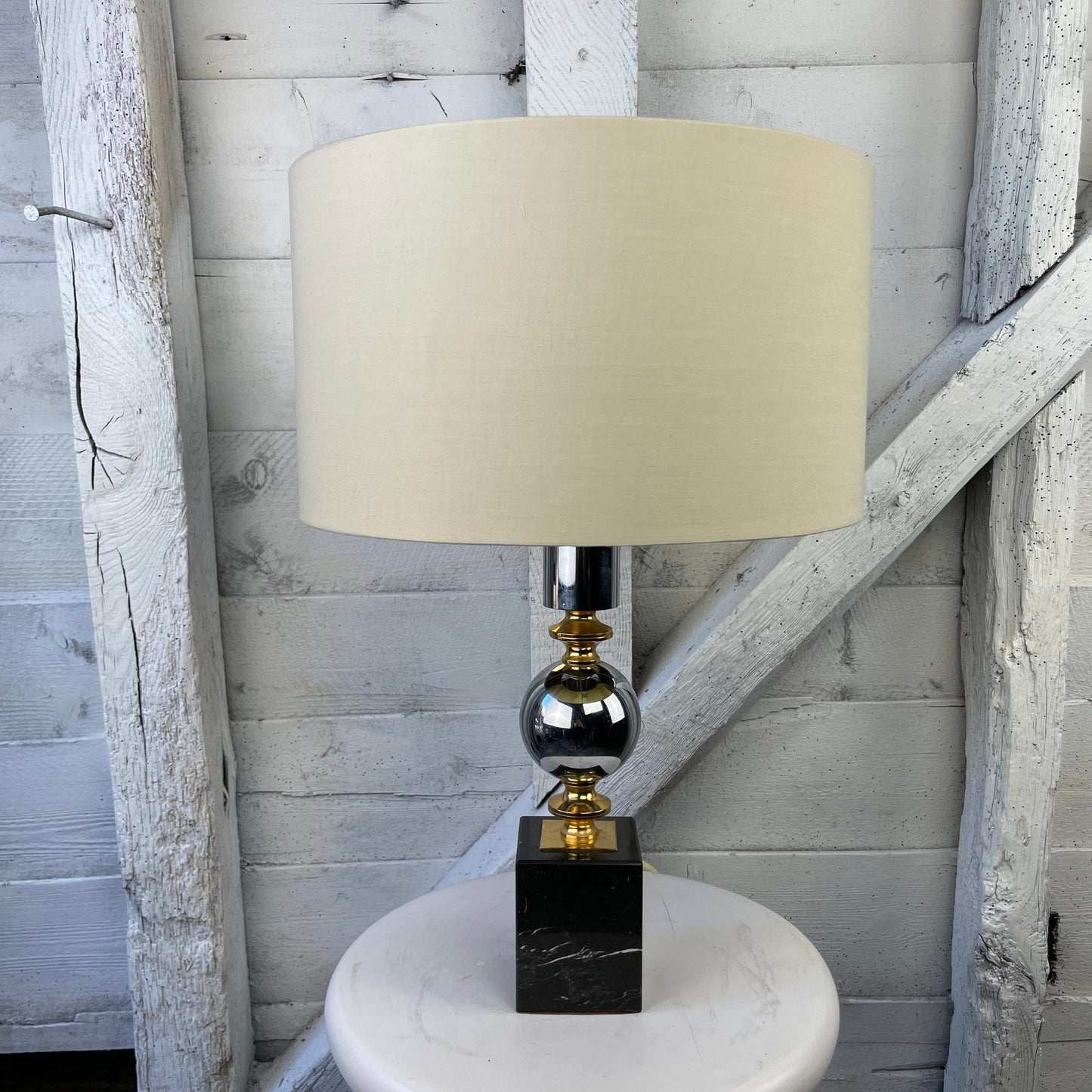 Vintage Mid Century Modern Hollywood Regency Chrome, Gold And Marble Table Lamp by Maison Barbier 1960 Small