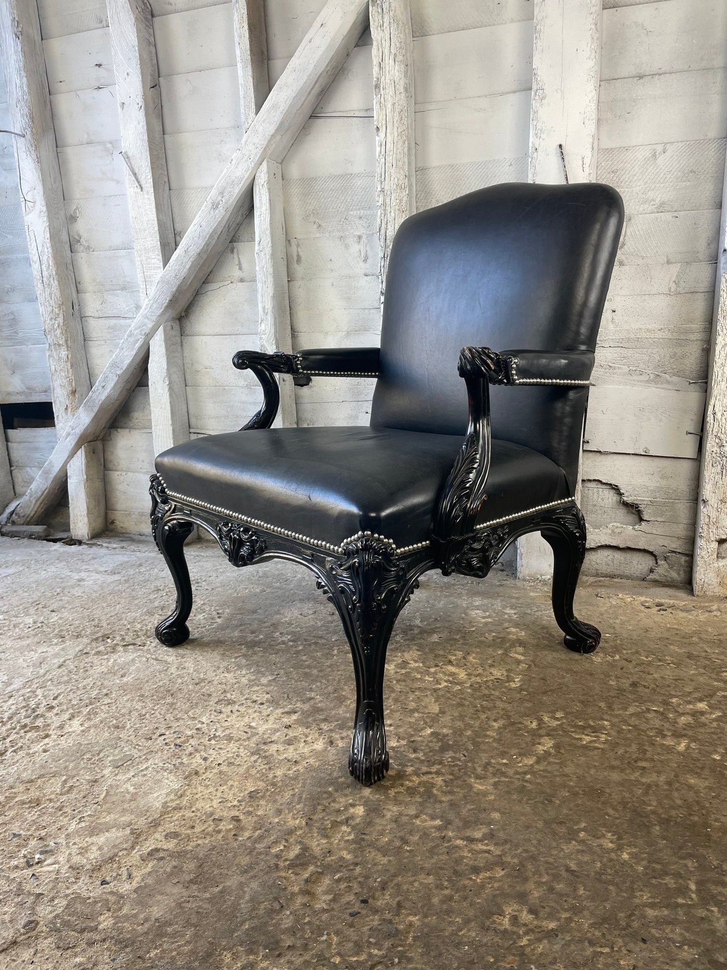For Michael*** Ralph Lauren Clivedon Black Leather Carved / Armchair / Club Chair