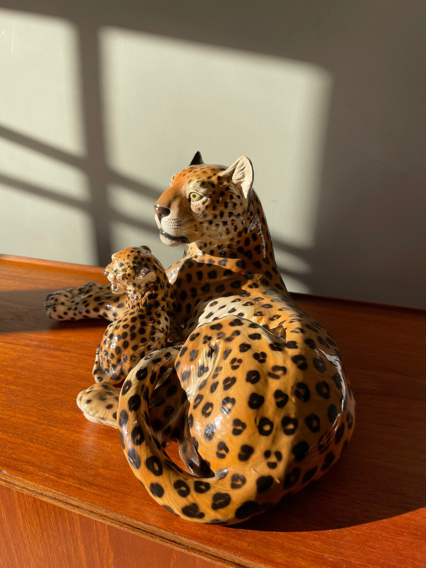 Reserved for Becky *** Italian Mid Century Modern Hollywood Regency Porcelain/Ceramic Leopard And Cub Statue / Art Piece 1960’s by Giovanni Ronzan