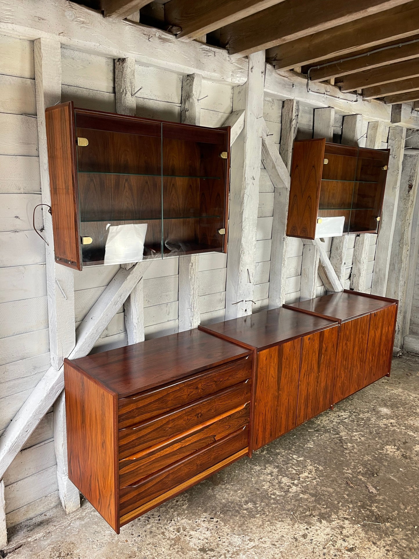 Floating/Wall-Mounted Rosewood Sideboard/Credenza and Glass Cabinets by Ib Juul Christensen Mid Century Modern Danish 1960s