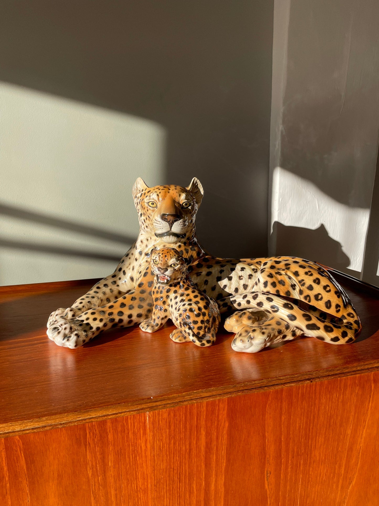 Reserved for Becky *** Italian Mid Century Modern Hollywood Regency Porcelain/Ceramic Leopard And Cub Statue / Art Piece 1960’s by Giovanni Ronzan